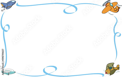 Frame design with flying aero planes, Hand drawn images border in a rectangular format for invitations, posters and cards in ethnic style.