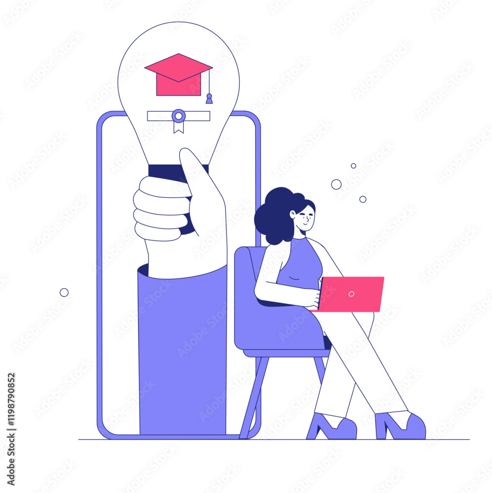 Fototapeta premium Light Bulb With Graduation Cap And Woman Using Laptop In Flat Vector Illustration Symbolizing Education, Learning, And Online Courses, Isolated On White Background