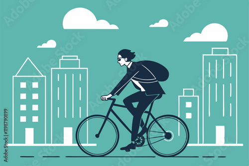 Urban cyclist, business attire, bicycle commuter, city skyline, teal background, minimalist illustration, flat design, geometric buildings, white clouds, eco-friendly transportation, rush hour, corpor