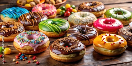 Wallpaper Mural A colorful array of assorted donuts on a wooden table, with creative toppings and glazes , donuts, still life,  donuts Torontodigital.ca