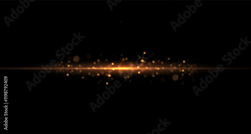 Yellow line light effect. Golden glowing neon lines. The golden glow of dust and glare. Flash of light. gold dust bokeh. Gold confetti shimmers on a dark background.	