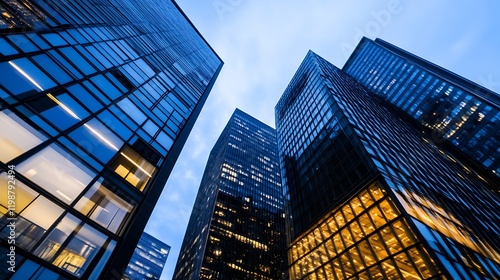 Wallpaper Mural Skyward View of Illuminated Skyscrapers at Dusk Creating an Urban Symphonic Harmony : Generative AI Torontodigital.ca