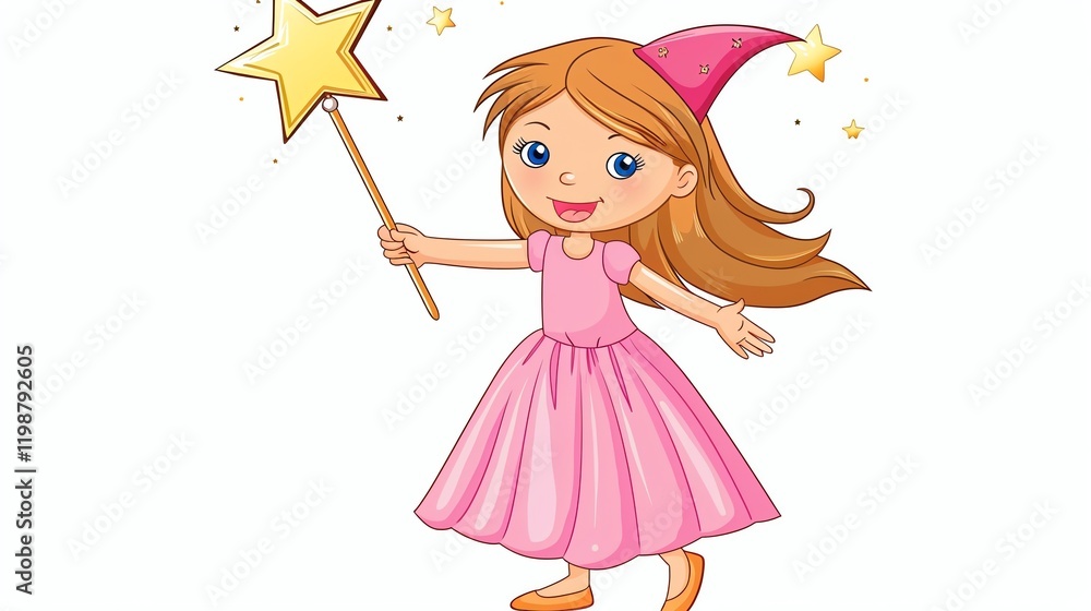 A cartoon illustration of a young girl dressed as a princess, with a magic wand. A cartoon illustration of a young girl dressed as a princess, with a magic wand.