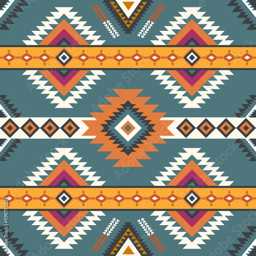 Navajo fabric pattern, bright and modern tones. Traditional geometric patterns combined with a modern twist. Suitable for home decoration or fashion use. photo