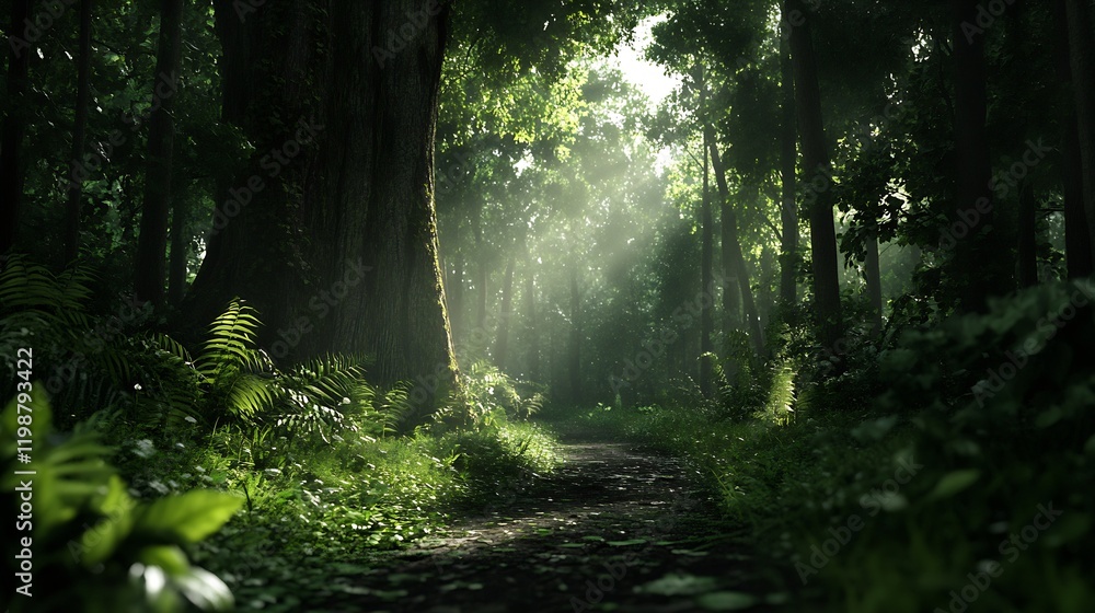 Obraz premium Enchanted Forest Path Shrouded in Gentle Mist with Ferns and Sunlight : Generative AI