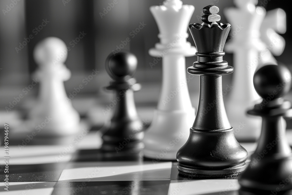 Chess piece standing on checkered game board during strategic game of chess, abstract vivid composition consists of fictional unreal fantastic vision on background Chess piece standing on checkered game board during strategic game of chess, abstract vivid composition consists of fictional unreal fantastic vision on background