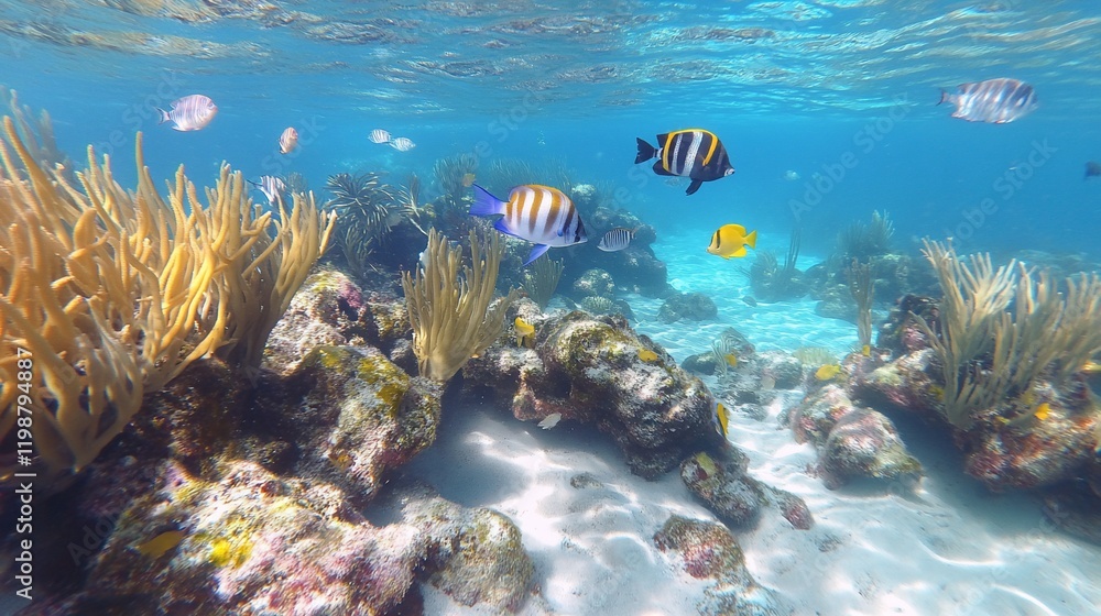 Fototapeta premium Vibrant underwater scene with colorful fish swimming around coral reef and white sandy bottom.