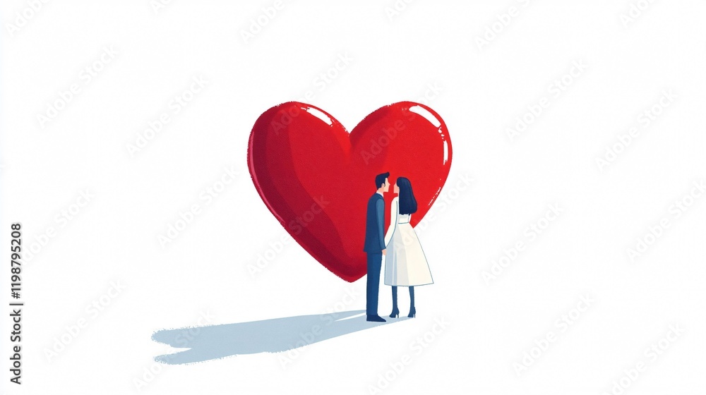 Romantic couple standing next to a big red heart, symbolizing love, romance, and Valentine's Day. Perfect for wedding or anniversary celebrations. Romantic couple standing next to a big red heart, symbolizing love, romance, and Valentine's Day. Perfect for wedding or anniversary celebrations.