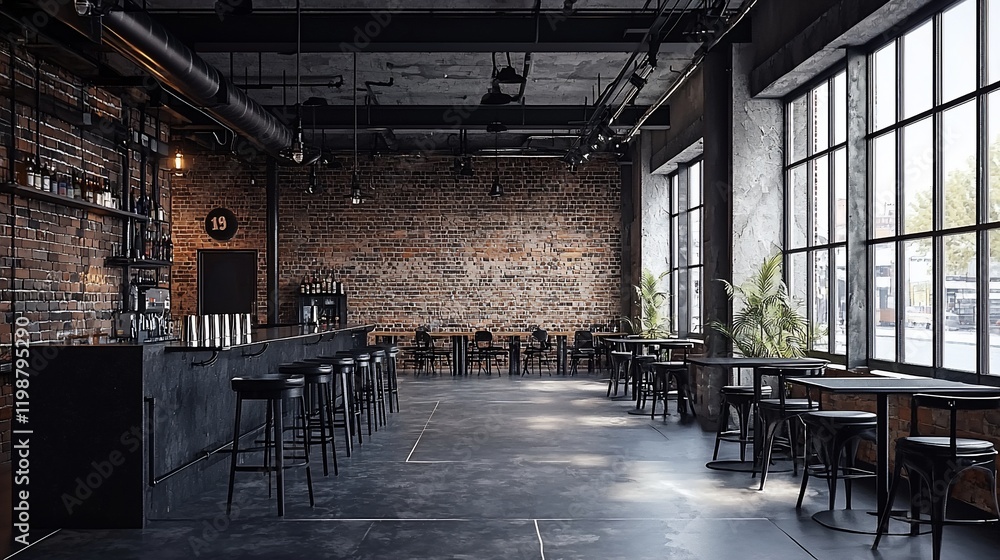 Industrial-chic bar interior with exposed brick, high ceilings, and large windows. Industrial-chic bar interior with exposed brick, high ceilings, and large windows.