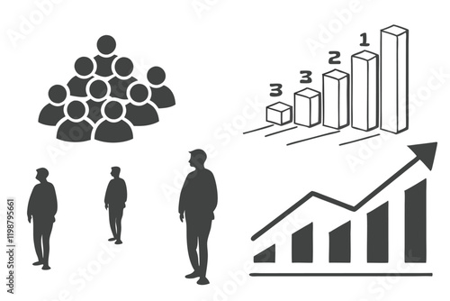 User icons, group symbols, increasing crowd size, silhouettes, black and white, minimalist design, team representation, social network graphics, scalable vector graphics, simple human figures, populat