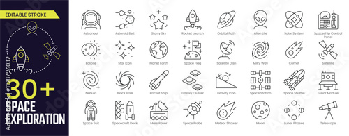 Space Exploration Stroke icon collections. Containing Satellite, Moon, Mars Rover, Space Suit, and Solar System icons. Editable Stroke icon collection Outline icon