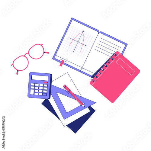 Open Notebook With Mathematical Graph, Calculator, And Stationery In Flat Vector Illustration Symbolizing Education, Mathematics, And Study, Isolated On White Background.