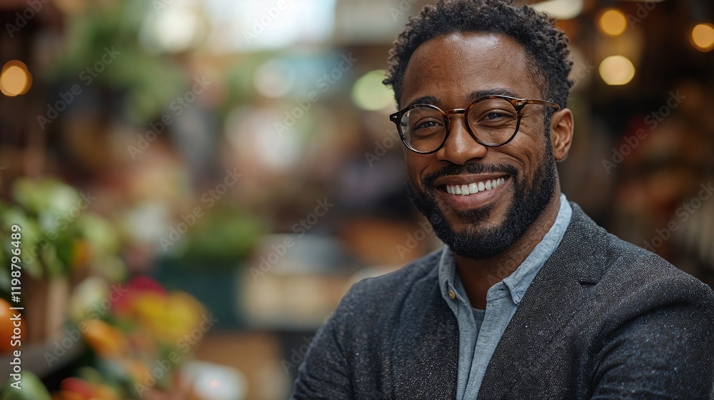 Fototapeta premium African American intellectual in casual blazer outdoors. Suitable for education leadership, professional development, or modern workplace culture.