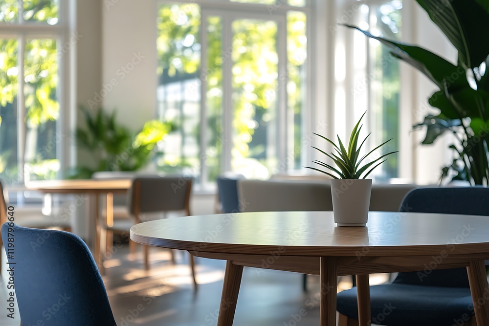Fototapeta premium A bright, modern space featuring a table with a plant, ideal for relaxation or meetings.