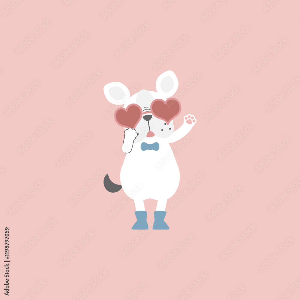 cute and lovely dog wearing heart shape glasses, happy valentines day, birthday, love concept, flat vector illustration cartoon character costume design cute and lovely dog wearing heart shape glasses, happy valentines day, birthday, love concept, flat vector illustration cartoon character costume design