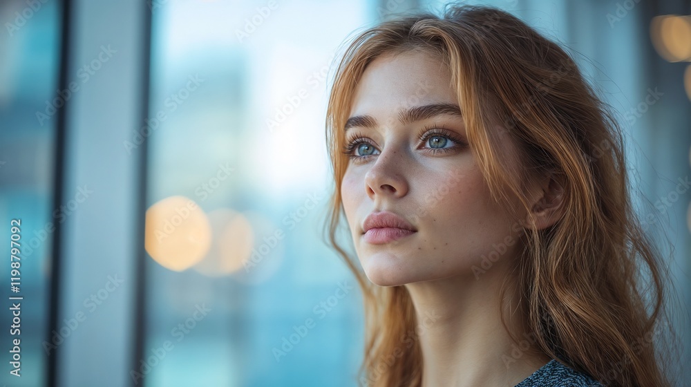 Young woman with blue eyes in corporate setting. Suitable for professional services, female leadership, or corporate wellness programs. Young woman with blue eyes in corporate setting. Suitable for professional services, female leadership, or corporate wellness programs.