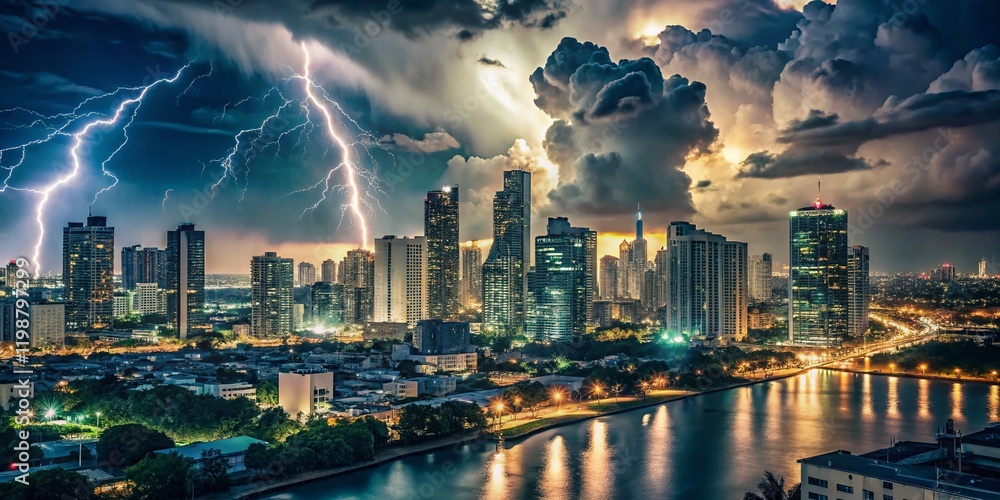 Fototapeta premium Vintage Miami Nightscape: Timelapse Thunderstorm
