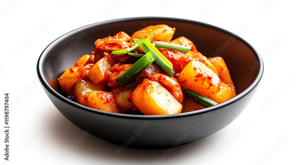A vibrant bowl of spicy cooked potatoes garnished with green onions, perfect for showcasing delicious comfort food. A vibrant bowl of spicy cooked potatoes garnished with green onions, perfect for showcasing delicious comfort food.
