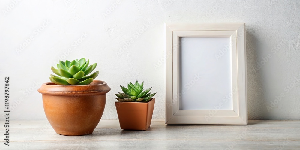 Fototapeta premium Vintage Mockup: White Frame, Brown Potted Succulent on White