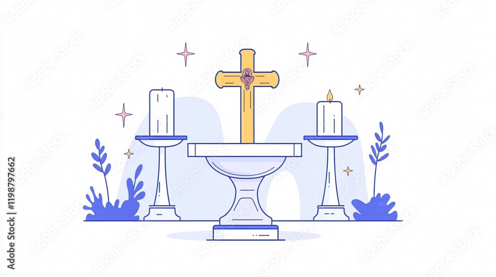 Serene Altar with Cross, Candles, and Holy Water: A Symbol of Faith and Devotion Serene Altar with Cross, Candles, and Holy Water: A Symbol of Faith and Devotion