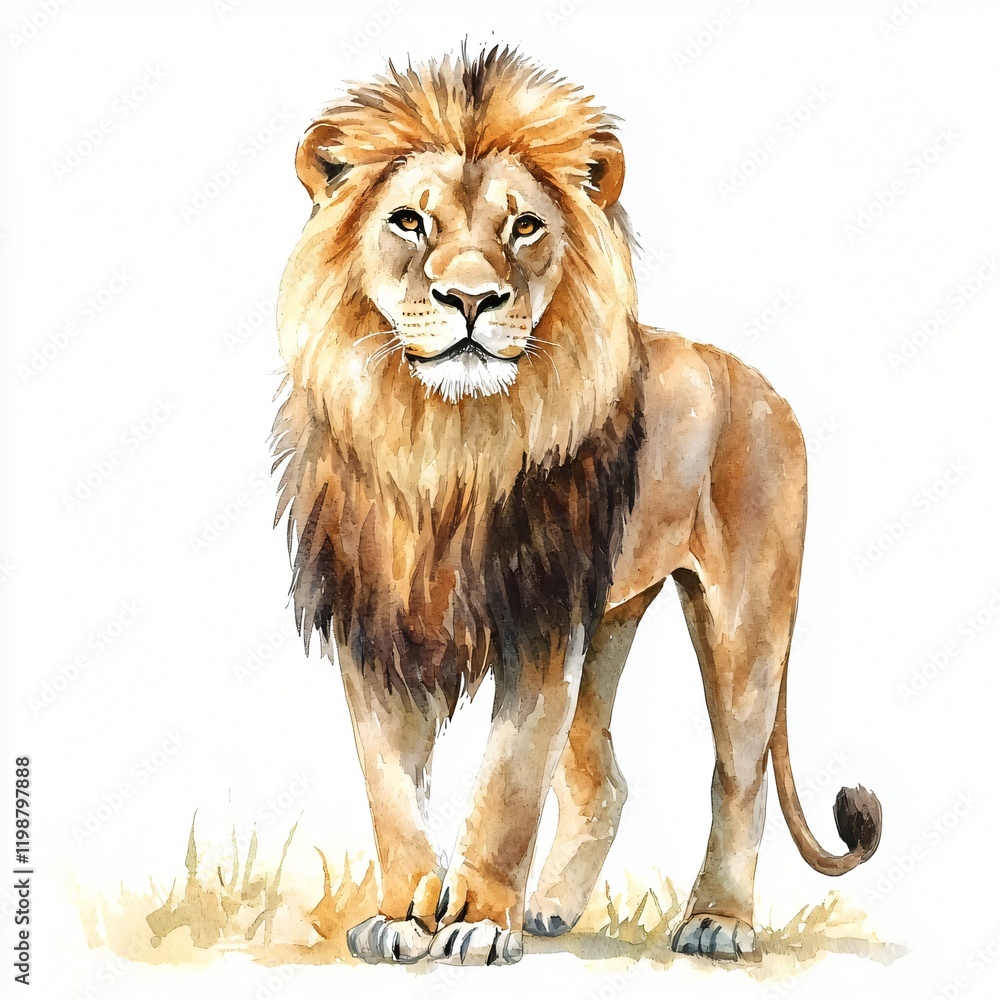 Obraz premium Majestic African Lion Watercolor Painting Wild Cat Portrait Wildlife Art