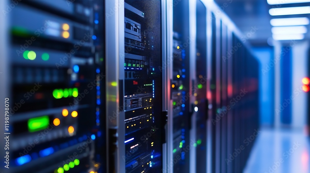 Modern Data Center Servers with Blue LED Technology and Secure Networking : Generative AI Modern Data Center Servers with Blue LED Technology and Secure Networking : Generative AI