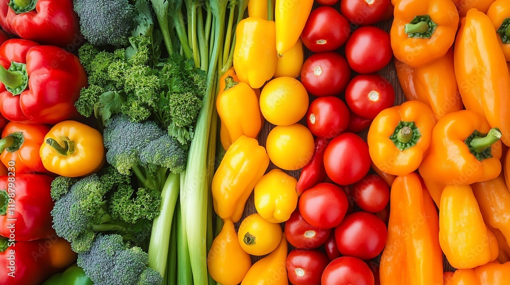 Colorful arrangement of fresh vegetables red bell peppers, tomatoes, yellow bell peppers, broccoli, and celery. Colorful arrangement of fresh vegetables red bell peppers, tomatoes, yellow bell peppers, broccoli, and celery.