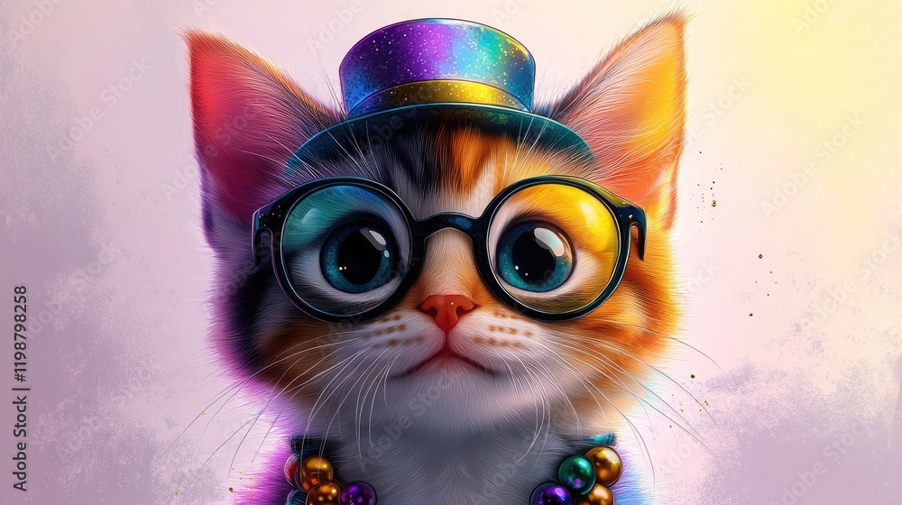 Fototapeta premium Adorable calico kitten with glasses and colorful hat. Mardi Gras, Fat Tuesday, Carnival Season. Bright Parades, Masks, Festive Costumes, Vibrant Atmosphere