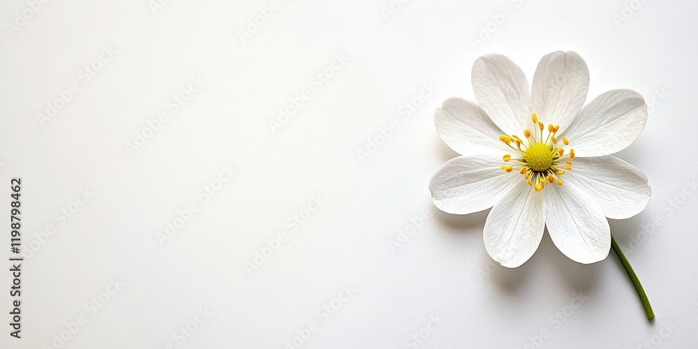 Obraz premium A single white flower with yellow stamens on a plain background, showcasing minimalist beauty and natural elegance.
