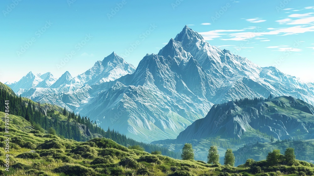 Fototapeta premium A mountain range with snow-capped peaks and a grassy foreground.