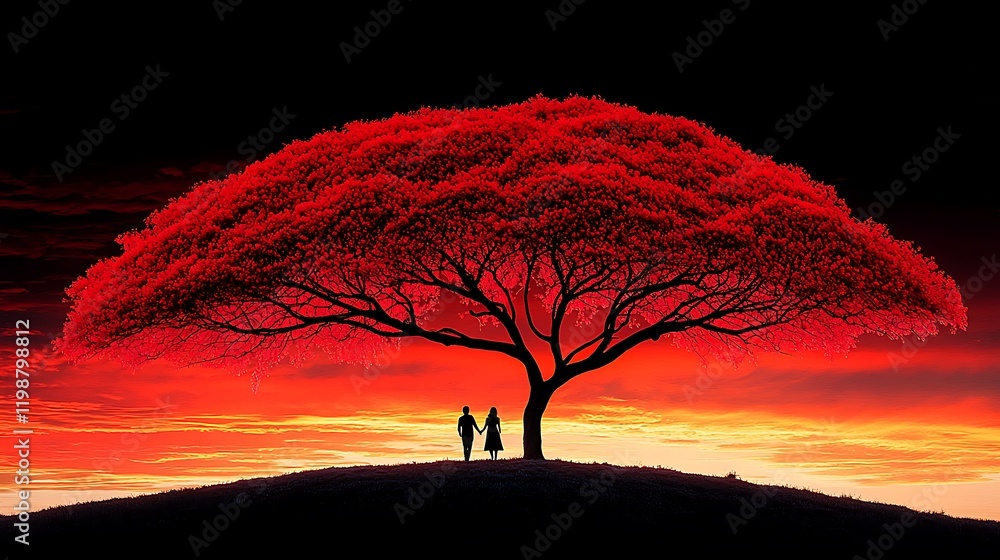 Romantic Silhouette of Couples Holding Hands Under a Vibrant Red Tree at Sunset, Capturing the Essence of Love and Togetherness in Nature's Beauty Romantic Silhouette of Couples Holding Hands Under a Vibrant Red Tree at Sunset, Capturing the Essence of Love and Togetherness in Nature's Beauty