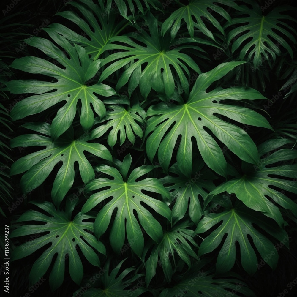 Fototapeta premium Nature-Inspired Tropical Green Leaves Background with Soft Shadows and Vibrant Highlights