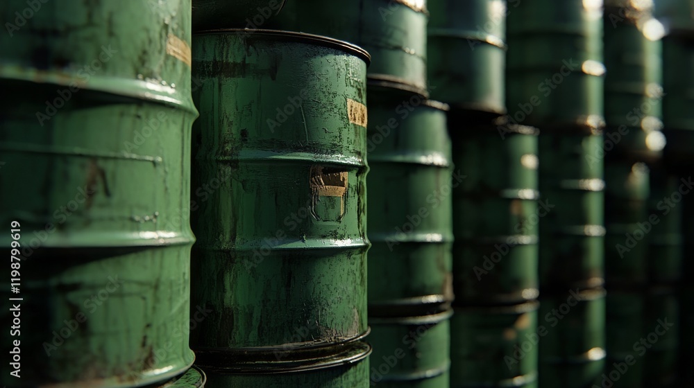 Stacked green oil barrels for industrial or sustainable use. Stacked green oil barrels for industrial or sustainable use.