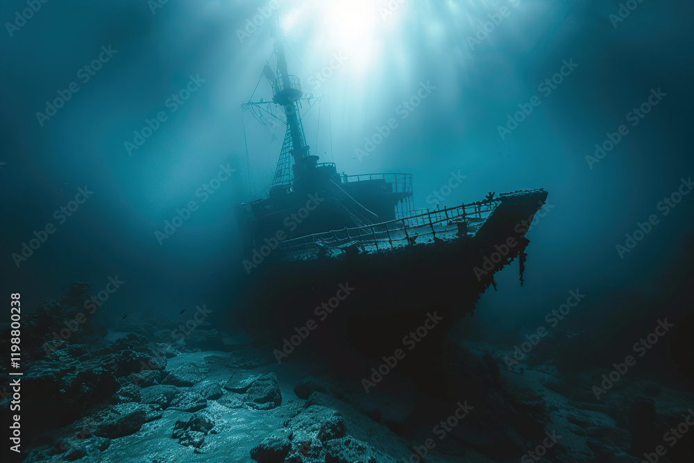 Underwater view of an old sunken ship on seabed with fish swimming around, abstract vivid composition consists of fictional unreal fantastic vision on background Underwater view of an old sunken ship on seabed with fish swimming around, abstract vivid composition consists of fictional unreal fantastic vision on background