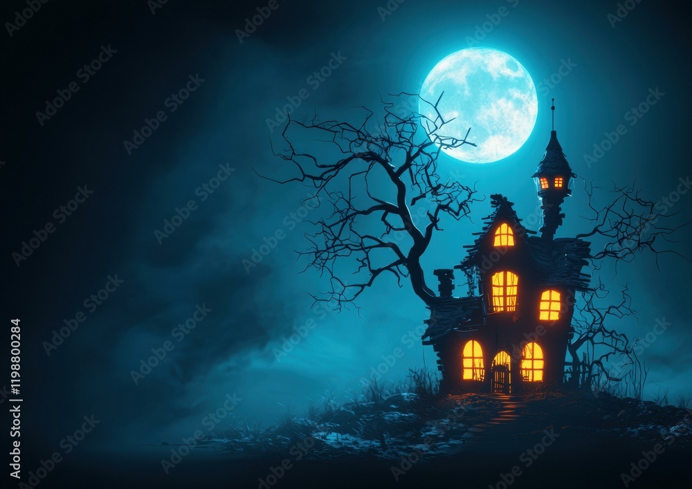A spooky house under a full moon. AI. A spooky house under a full moon. AI.