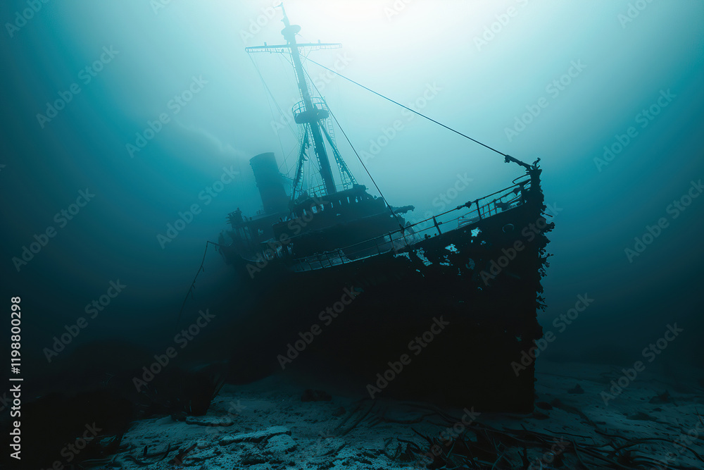 Obraz premium Underwater view of an old sunken ship on seabed with fish swimming around, abstract vivid composition consists of fictional unreal fantastic vision on background