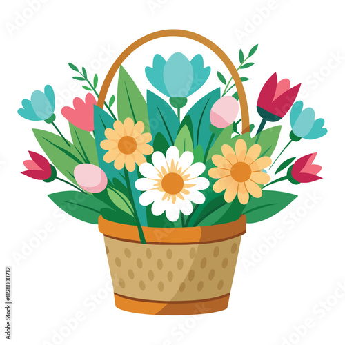 Fresh attractive cute flowers in wicker basket cartoon vector image stock clipart illustration