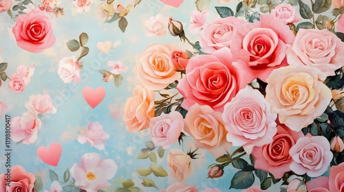 Lovely Pink Roses Bouquet on Light Blue Background