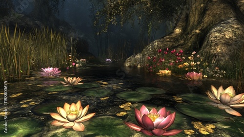 Serene night scene of a tranquil pond with water lilies and wildflowers along a shadowy forest bank. photo