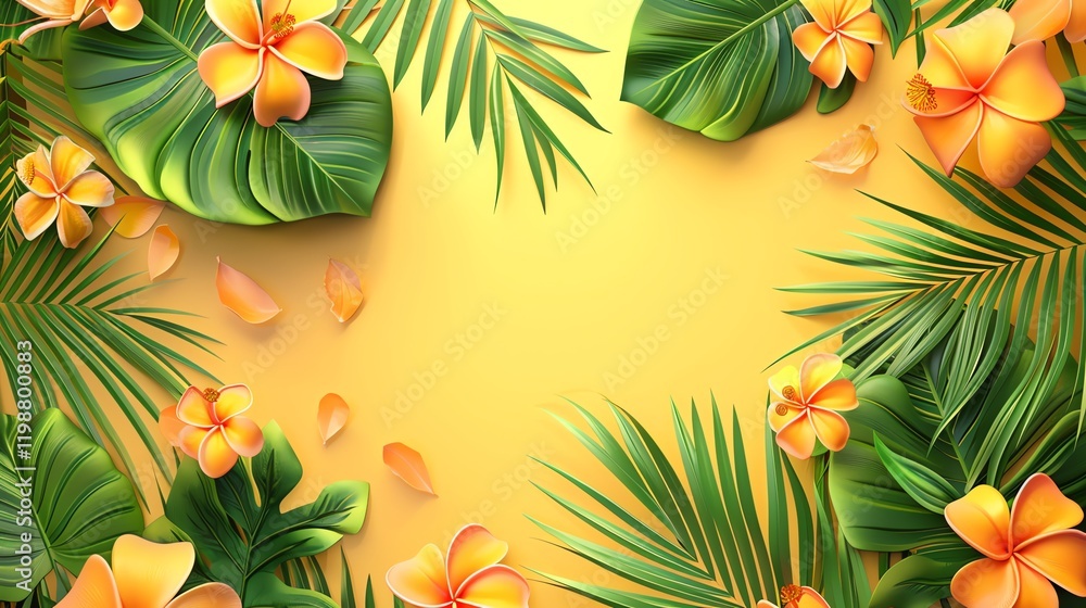 Naklejka premium A tropical background with palm leaves and flowers.
