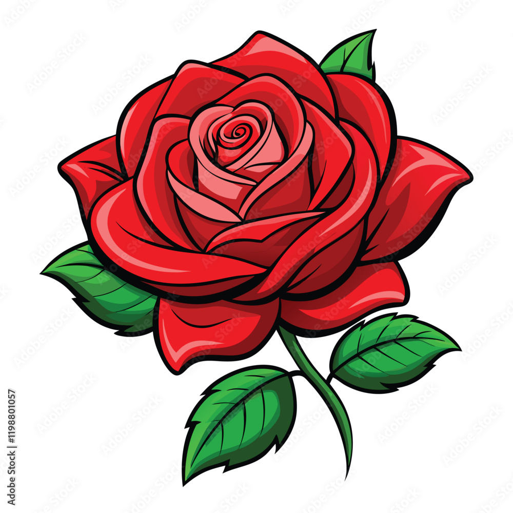 Single Red Rose with leaves cartoon vector illustration Isolated Single Red Rose with leaves cartoon vector illustration Isolated