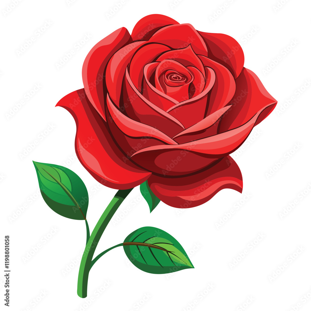 Single Red Rose with leaves cartoon vector illustration Isolated Single Red Rose with leaves cartoon vector illustration Isolated