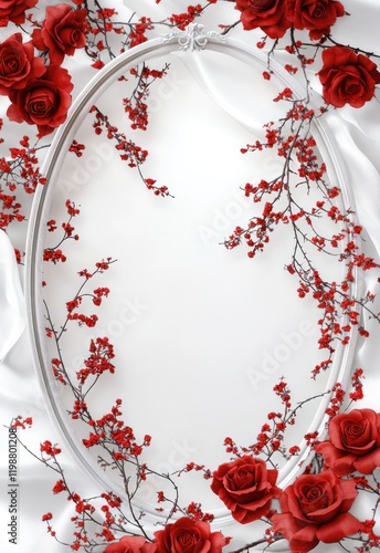 Oval frame with red roses and branches on silk. Wedding invitation design