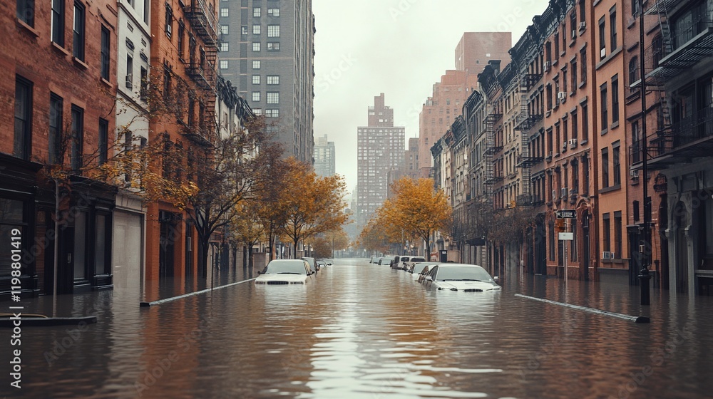 Naklejka premium Flooded city street with cars submerged in murky water during autumn rain.