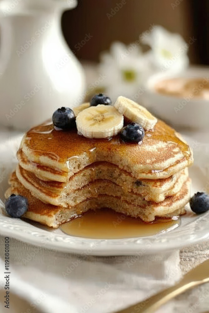 A delicious stack of pancakes adorned with fresh blueberries, bananas, and syrup, a perfect breakfast treat. A delicious stack of pancakes adorned with fresh blueberries, bananas, and syrup, a perfect breakfast treat.
