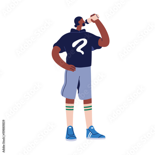 Black man drinking water from bottle, hydrating during outdoor sports workout. Thirsty dehydrated person. Healthy hydration after training. Flat vector illustration isolated on white background