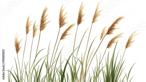 Golden Grasses sway gently in the breeze, set against a crisp white backdrop. This minimalist botanical illustration captures the serene beauty of nature with delicate detail.