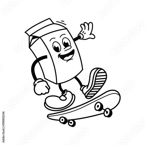 Vector cartoon illustration of milk packaging mascot with happy expression