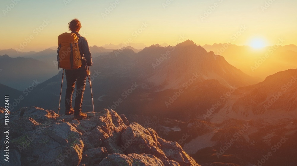 Obraz premium Hiker with Backpack Admires Mountainous Sunset