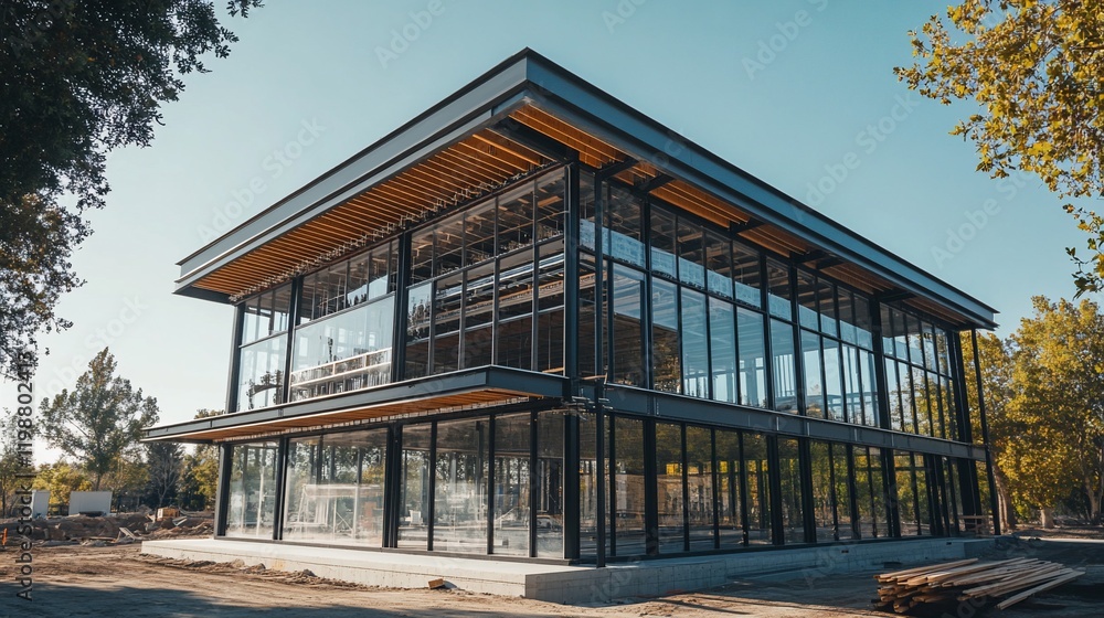 Modern glass and steel commercial building under construction, surrounded by trees and landscaping. Modern glass and steel commercial building under construction, surrounded by trees and landscaping.